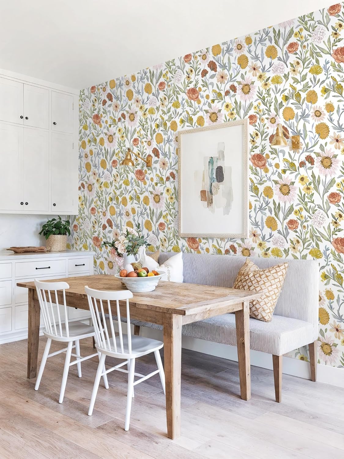 Dimoon 17.3''x78.7'' Peel and Stick Wallpaper Floral Cute Contact Paper Vintage Village Country Cottage Wallpaper Farmhouse Yellow Beige Renter Friendly Geometry Waterproof Embossed Kitchen Bedroom