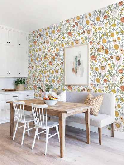 Dimoon 17.3''x78.7'' Peel and Stick Wallpaper Floral Cute Contact Paper Vintage Village Country Cottage Wallpaper Farmhouse Yellow Beige Renter Friendly Geometry Waterproof Embossed Kitchen Bedroom