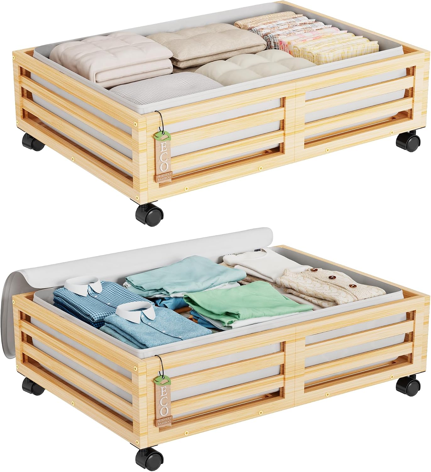 Wisuce 2 Packs Bamboo Under Bed Storage Organizer with Wheels White Small | 360° Lockable Wheels,120lbs Load Capacity, Multi-scene ,Dustproof Clear Storage Bag, Large Capacity,Easy Quick Assembly