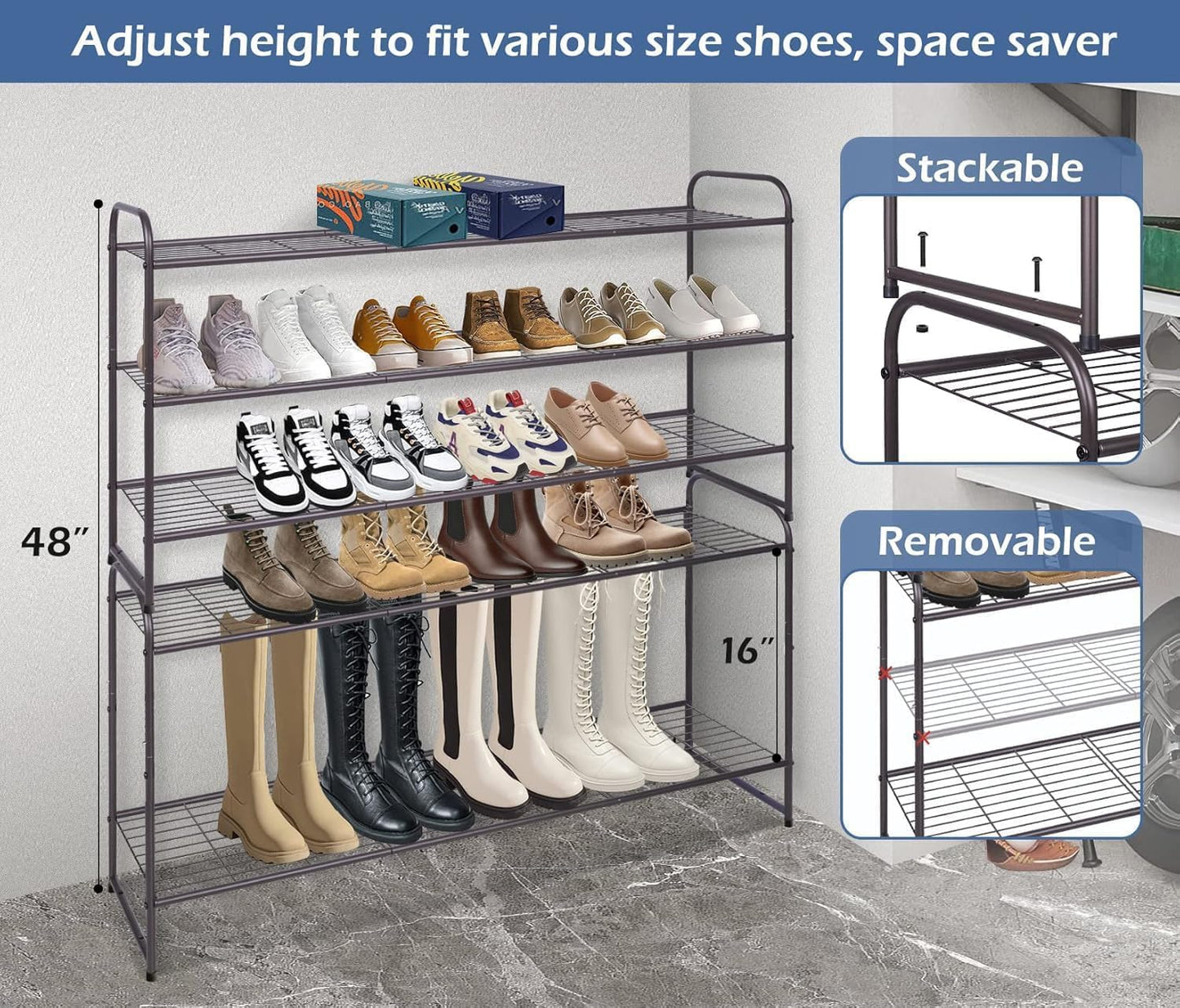 KEETDY 3-Tier Long Shoe Rack for Closet Metal Shoe Organizer for Entryway, Wide Stackable Shoe Storage Shelf with Sturdy Wire Grid for Closet Floor, Bedroom, Black