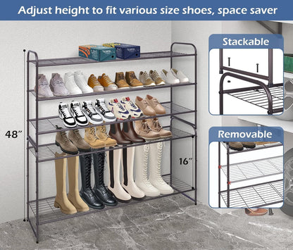 KEETDY 3-Tier Long Shoe Rack for Closet Metal Shoe Organizer for Entryway, Wide Stackable Shoe Storage Shelf with Sturdy Wire Grid for Closet Floor, Bedroom, Black
