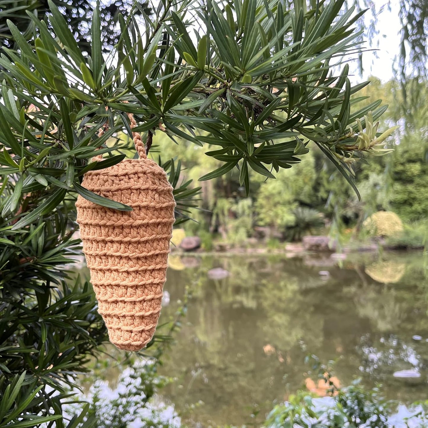 2 Pack Crochet Wasp Nest Decoy,Hanging Wasp Deterrent for Patio and Eaves, Fake Wasp Nest Decoration to Deter Wasps, Hornets, Bees,Hornets Nest Decoy Decoration