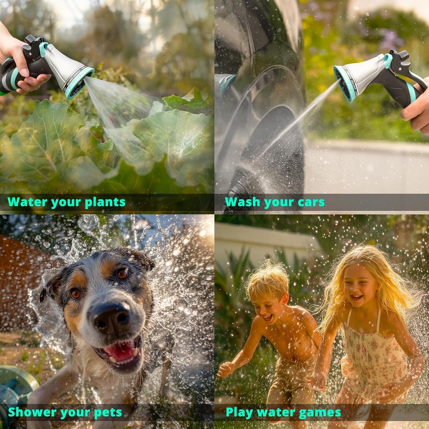 QUOBAS Metal Garden Hose Nozzle, Heavy Duty Water Hose Sprayer, Leak Proof | 10 Pattern Water Nozzle with Rubber Gasket, Garden Sprayer for Watering Plants, Washing Cars, Pet Shower, Blue