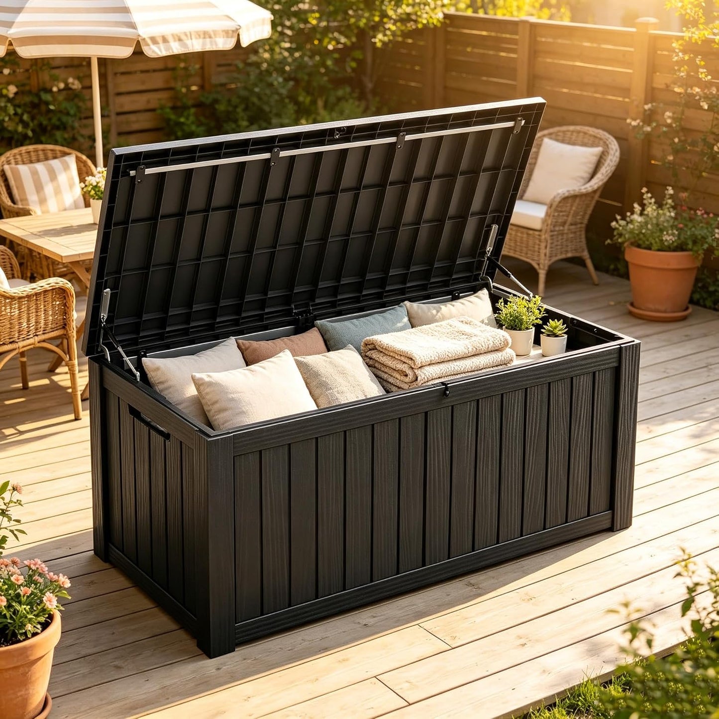 Fancyango 75 Gallon Outdoor Deck Box Waterproof, Large Storage Box for Patio, Resin Storage Bench Lockable for Garden Tools, Package Delivery, Black