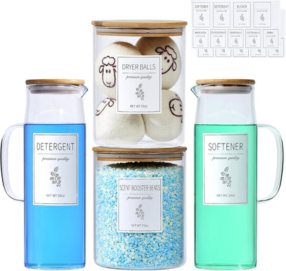 Laundry Detergent Dispenser Set with Labels and Handle for Laundry Room Organization and Storage- Easy Pour 2 Pack 50 oz Liquid Laundry Containers for Laundry Room Decor, Farmhouse Decor