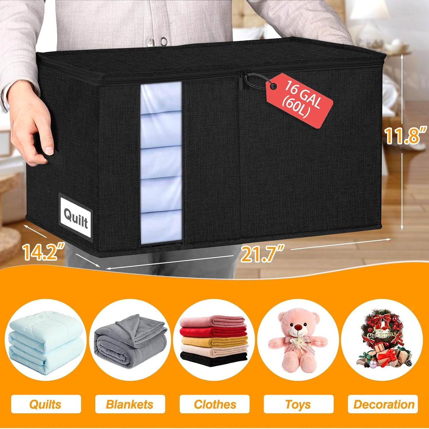 60L Blanket/Comforter Storage Bag w/Rigid Side & Bottom Support, Stackable Clothes Storage Bin for Sweaters Bedding Sets Quilts Pillows, Closet Organizer, 21.7x14.2x11.8in, 2 Pack, Gray
