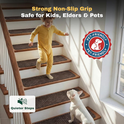 MBIGM 8" X 30" (15 in Pack) Non-Slip Carpet Stair Treads Non-Skid Safety Rug Slip Resistant Indoor Runner for Kids Elders & Pets with Reusable Adhesive - Dark Gray Diamond Weave
