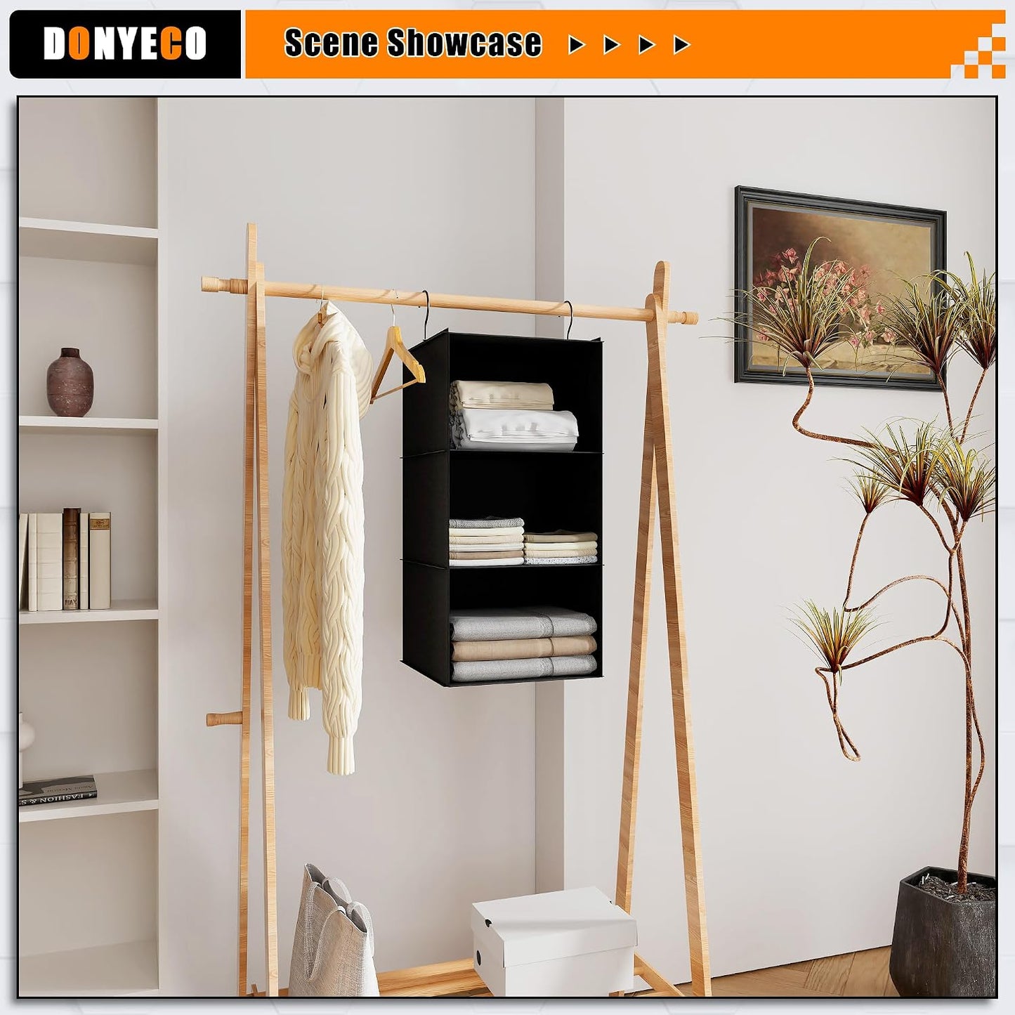 Hanging Closet Organizer 3-Shelf, Oxford Fabric Wardrobe Storage, Gray | Easy-mount foldable design holds clothes, handbags, shoes & accessories; washable Oxford fabric, sturdy and space-saving.