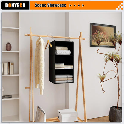 Hanging Closet Organizer 3-Shelf, Oxford Fabric Wardrobe Storage, Gray | Easy-mount foldable design holds clothes, handbags, shoes & accessories; washable Oxford fabric, sturdy and space-saving.