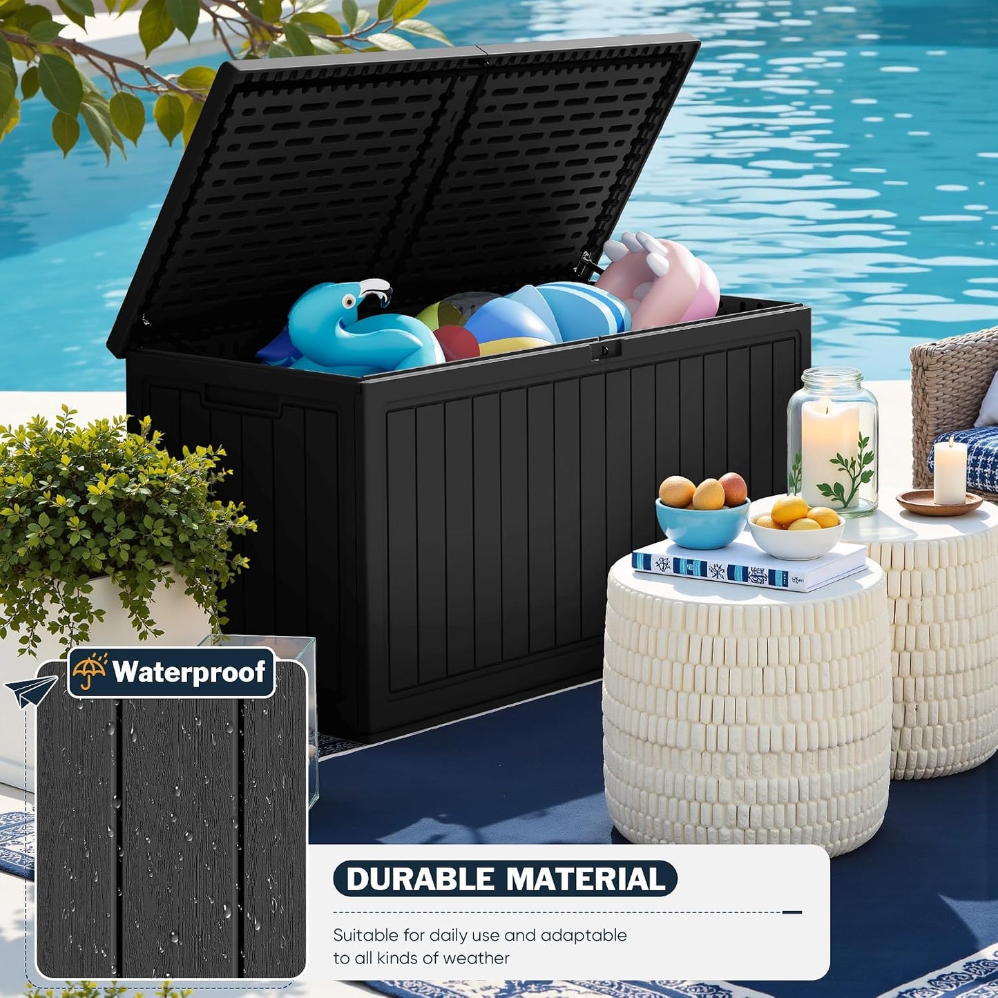 Greesum Outdoor Storage Box 31 Gallon Storage Box with Lid for Patio Furniture, Garden Tools, Pool Supplies, Waterproof and UV Resistant, Lockable, Dark Black