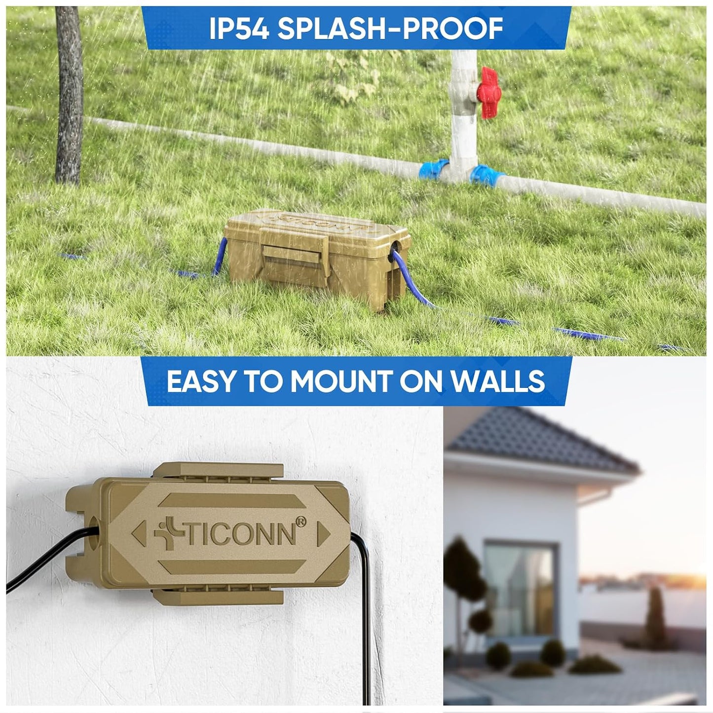 TICONN Outdoor Electrical Box, IP54 Splash-Proof Outdoor Extension Cord Cover, Protects Power Strip, Plug, Socket, Timer, Holiday Lights (Black, Small)
