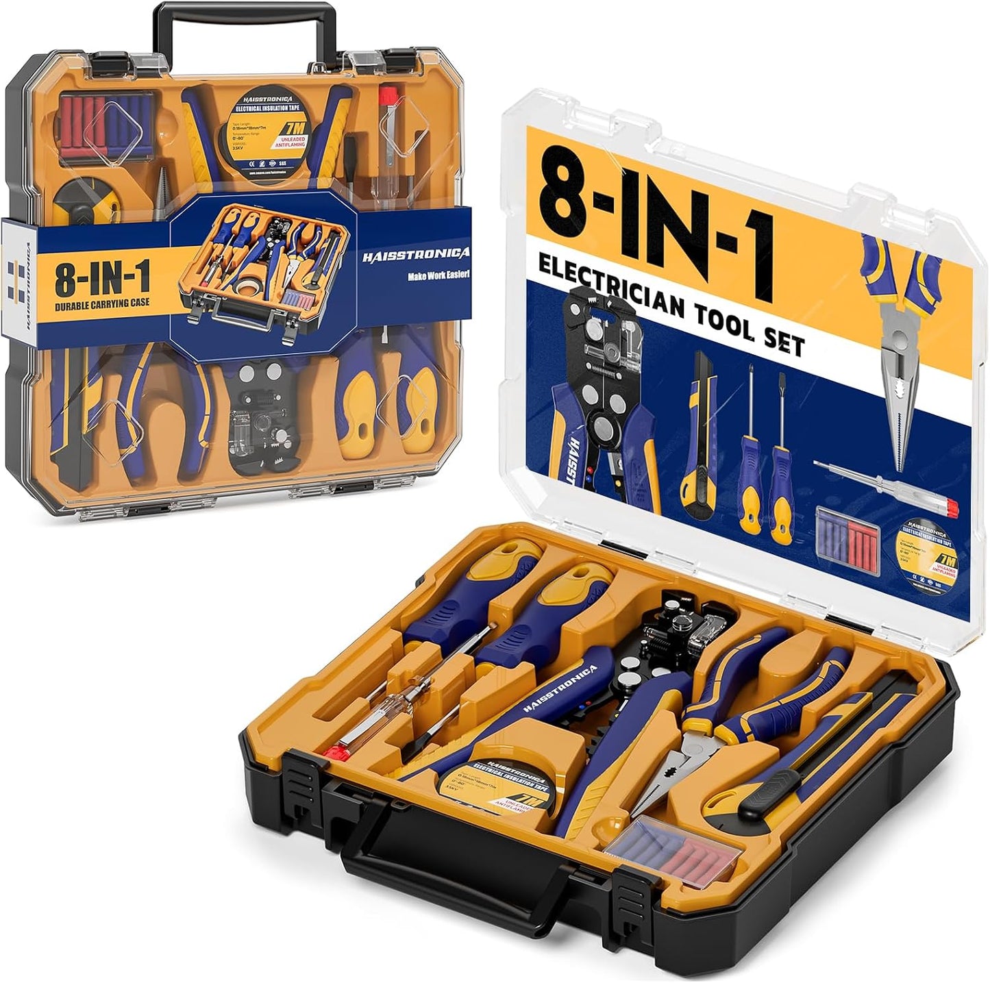 haisstronica 8 IN 1 Self-Adjusting Wire Stripper Household Tool Kit, Professional Electrician Tool Set, Needle Nose Pliers, Screwdriver, Voltage Detector Pen, Knife, Insulating Tape, Wire Connectors