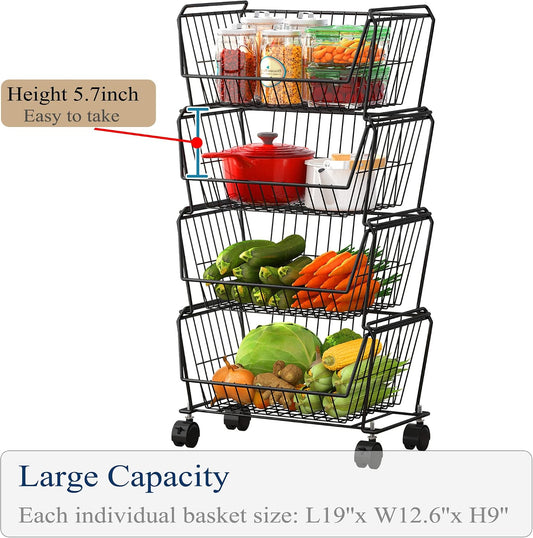 PUSDON 6-Tier Tall Stackable Wire Storage Baskets with Wheels, Vertical Metal Rolling Utility Cart, High Capacity Produce Basket for Kitchen Pantry, Snack Organizer, Matte Black