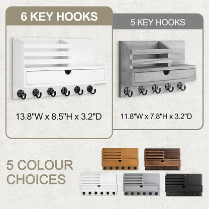Key Holder Wall Mount, Mail Holder with Storage Drawer and 5 Key Hooks for Coat, Dog Leash, Home Decor Rack, House Accessories, Entry Way Organizer