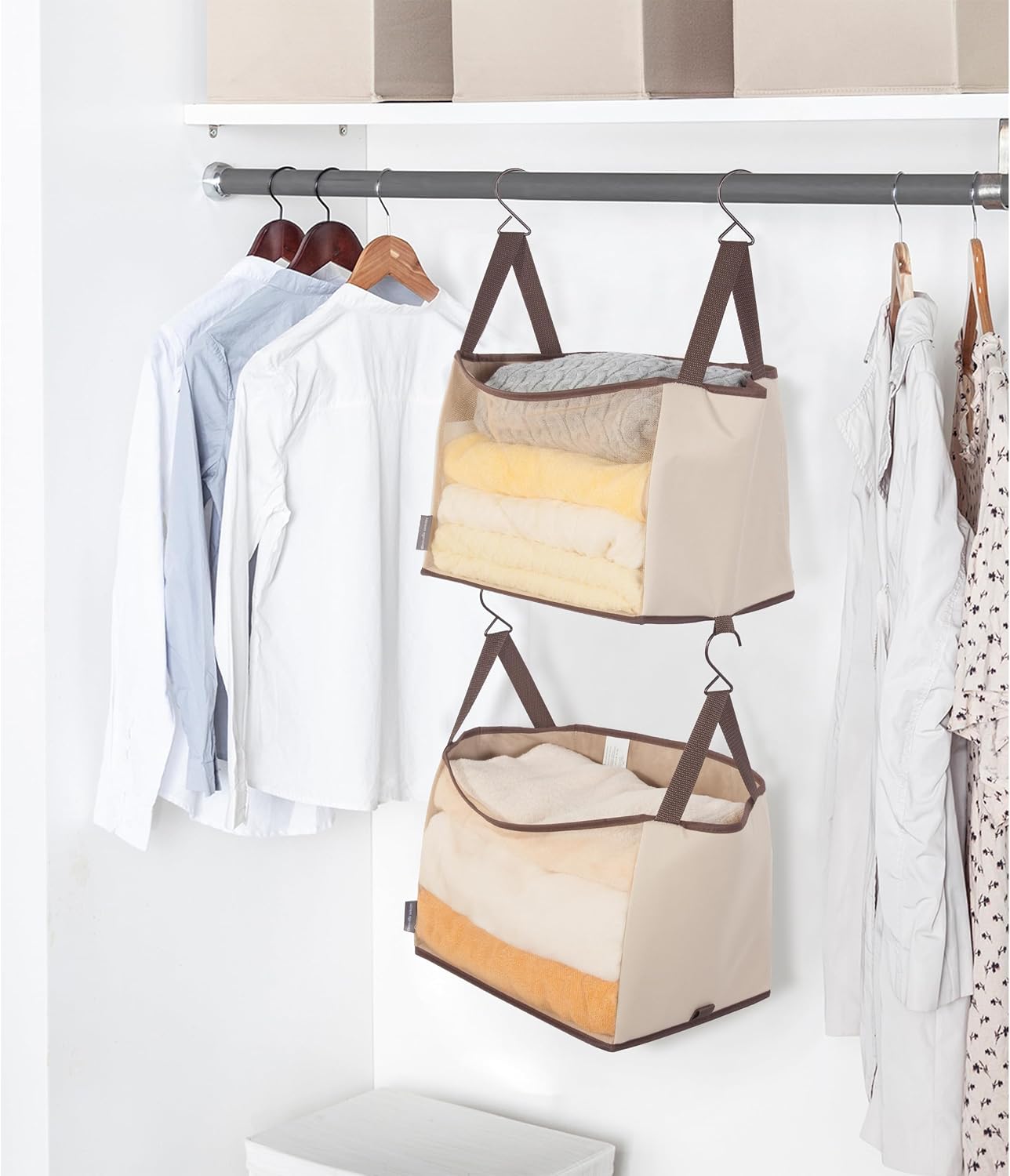 STORAGE MANIAC 2-Tier Hanging Closet Organizer, Fabric Storage Baskets with Hooks, Closet Shelves for Dorm Room, Apartment, Bedroom, Garment Rack & Wardrobe, Ivory