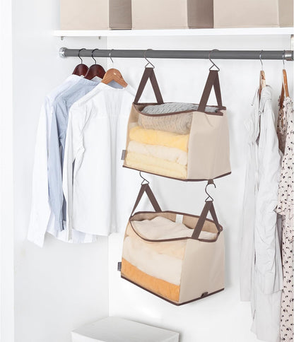 STORAGE MANIAC 2-Tier Hanging Closet Organizer, Fabric Storage Baskets with Hooks, Closet Shelves for Dorm Room, Apartment, Bedroom, Garment Rack & Wardrobe, Ivory