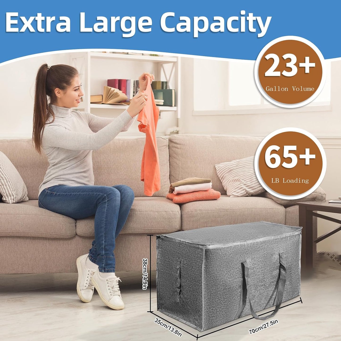 8 Pack-Extra Large Heavy Duty Moving Bags - Waterproof Storage Totes with Handles & Zippers, Foldable for College Dorm, Storage (Clear)