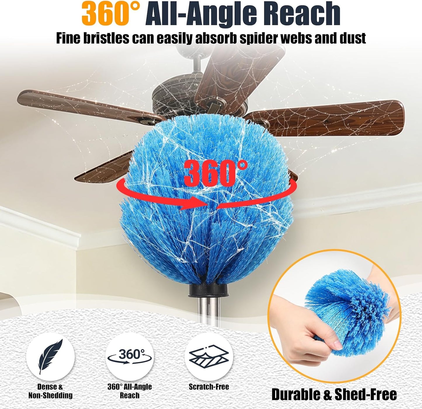 Lightweight Cobweb Duster with Extension Pole – 8FT Long Reach Brush Kit, Washable Head for Ceiling Fan, Spider Webs, Dust – Cleans Up to 15FT, for Furniture, Eaves, Vents, Roof