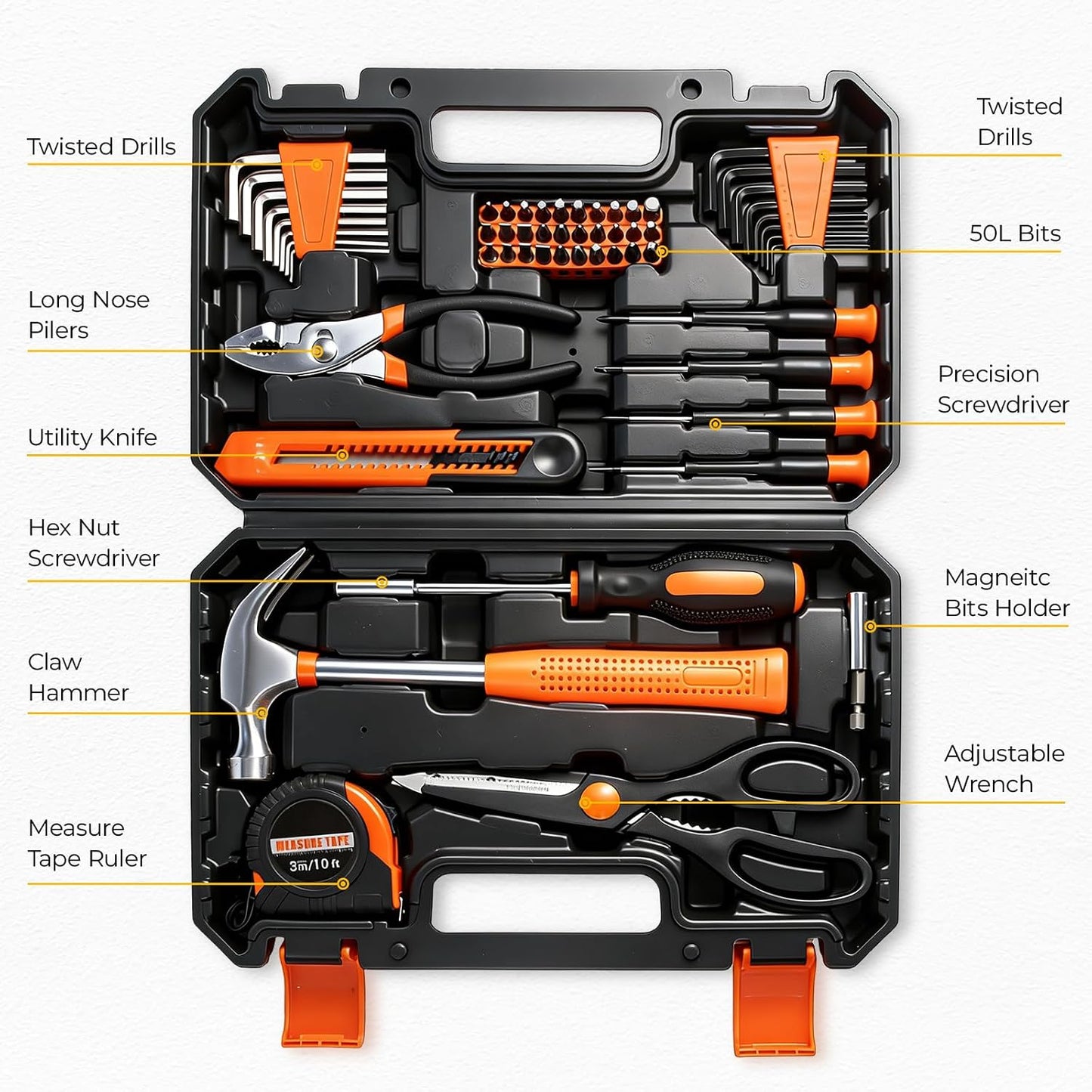 57 Piece Basic Tool Set, Home Repair Hand Tool Kit, General Household Tool Box, Portable Toolbox with Storage Case for Homeowner, DIY, Handyman, Women, Men