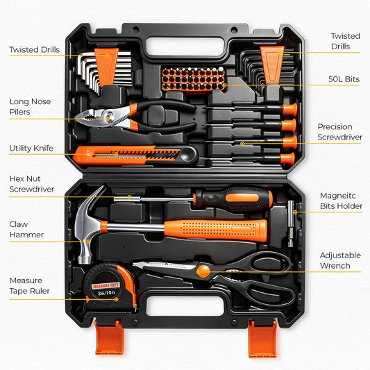 57 Piece Basic Tool Set, Home Repair Hand Tool Kit, General Household Tool Box, Portable Toolbox with Storage Case for Homeowner, DIY, Handyman, Women, Men