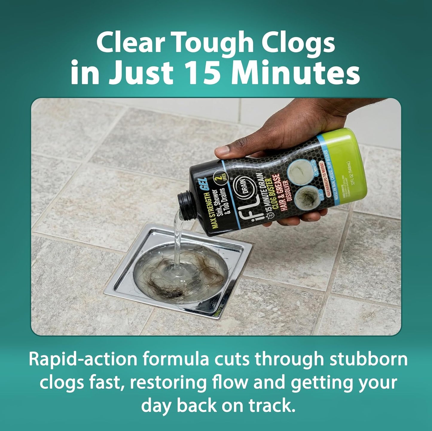 iFLO 15-Minute Drain Cleaner Gel – Fast-Acting Clog Remover for Kitchen, Bathroom, Sink & Shower, Ultra-Thick Formula for Quick Drain Unclogging – Strong Maintenance Cleaner - 16oz