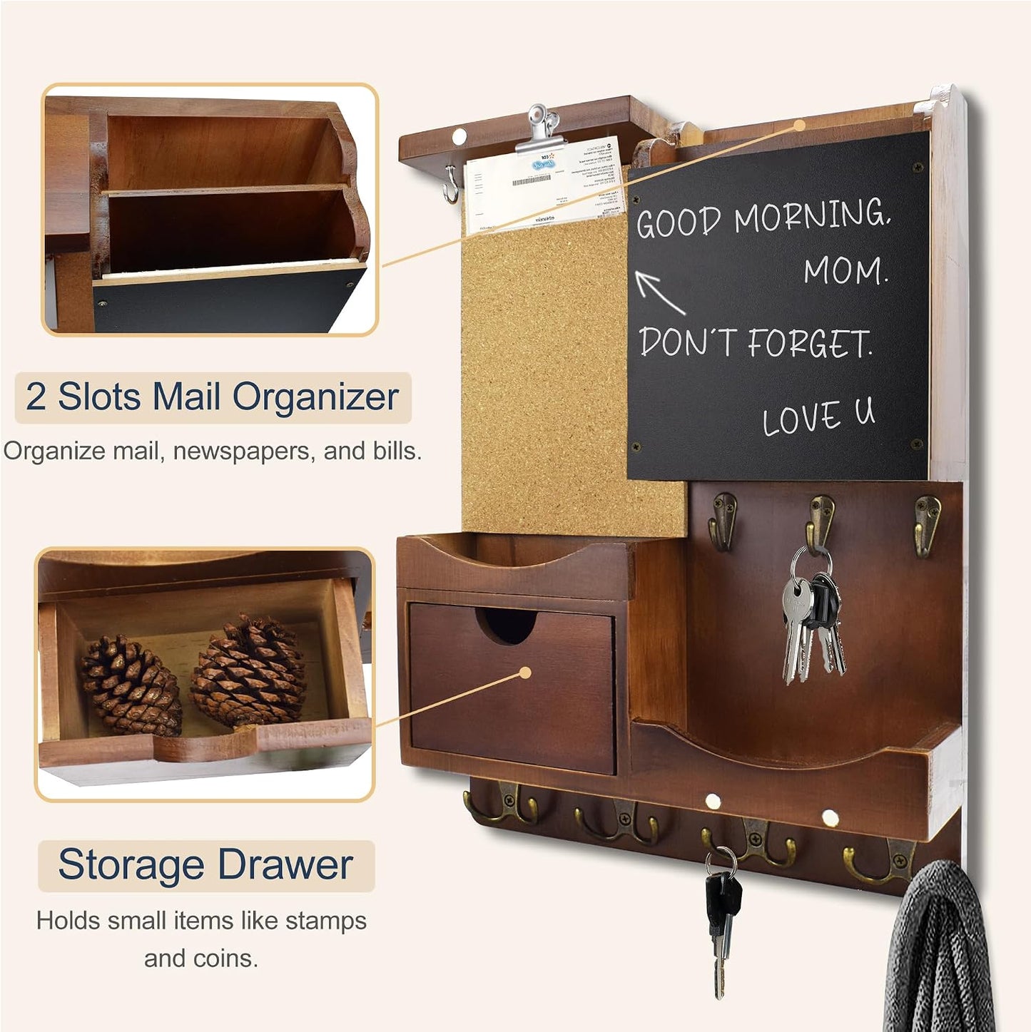 Key Holder for Wall Mount with Shelf and Mail Organizer, Key and Mail Holder with 16 Hooks, Farmhouse Entryway Organizer, Home Decor Rack (Pine Wood, Black)
