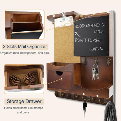 Key Holder for Wall Mount with Shelf and Mail Organizer, Key and Mail Holder with 16 Hooks, Farmhouse Entryway Organizer, Home Decor Rack (Pine Wood, Black)