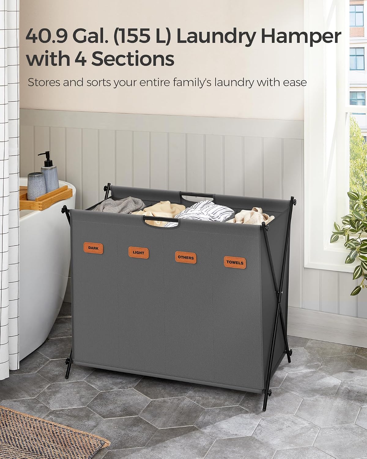 SONGMICS Laundry Hamper, Laundry Basket, 35.7 Gal. Laundry Sorter 3 Sections, Collapsible X-Frame, Clothes Organizer with Customizable Labels, Laundry Room, Bedroom, Bathroom, Slate Gray ULCB130G01