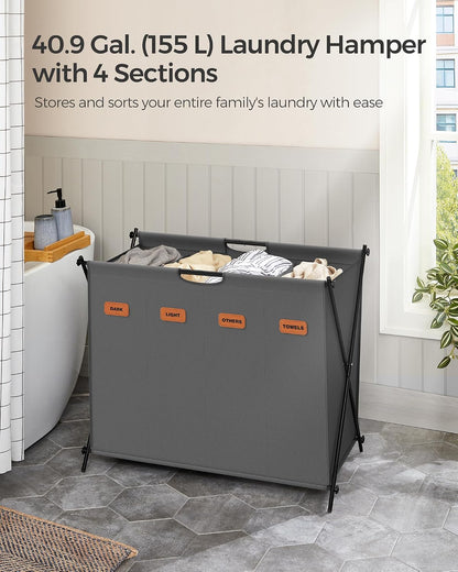 SONGMICS Laundry Hamper, Laundry Basket, 35.7 Gal. Laundry Sorter 3 Sections, Collapsible X-Frame, Clothes Organizer with Customizable Labels, Laundry Room, Bedroom, Bathroom, Slate Gray ULCB130G01