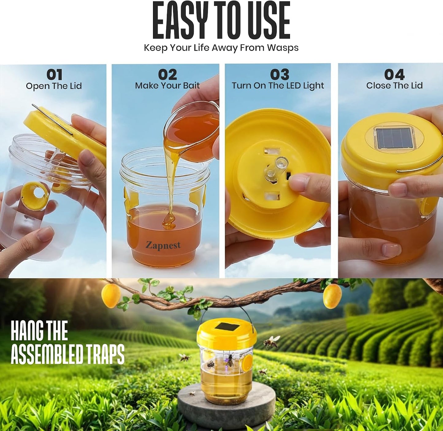 4 Pack Zapnest Solar Wasp Trap Outdoor Hanging Reusable Yellow Jacket, Hornet, Bee & Mud Dauber Catcher Bright Yellow Bug Repellent for Garden, Patio & Yard