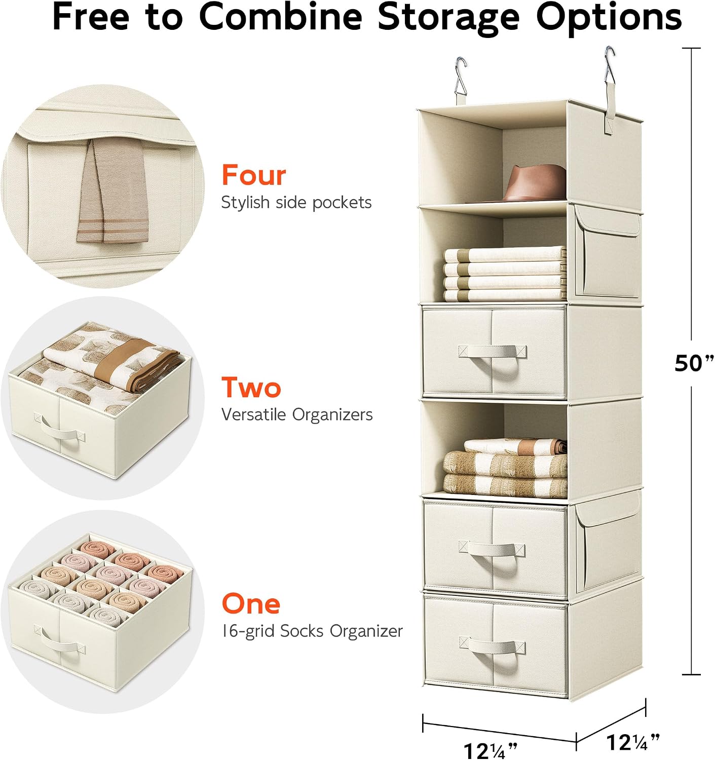 Vailando 6-Shelf Hanging Closet Organizer with 3 Drawers, 2 Separable 3-Shelf Closet Organizers and Storage for Wardrobe Organization, Hanging Dresser for Nursury & Dorm Clothes Organizer