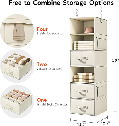Vailando 6-Shelf Hanging Closet Organizer with 3 Drawers, 2 Separable 3-Shelf Closet Organizers and Storage for Wardrobe Organization, Hanging Dresser for Nursury & Dorm Clothes Organizer