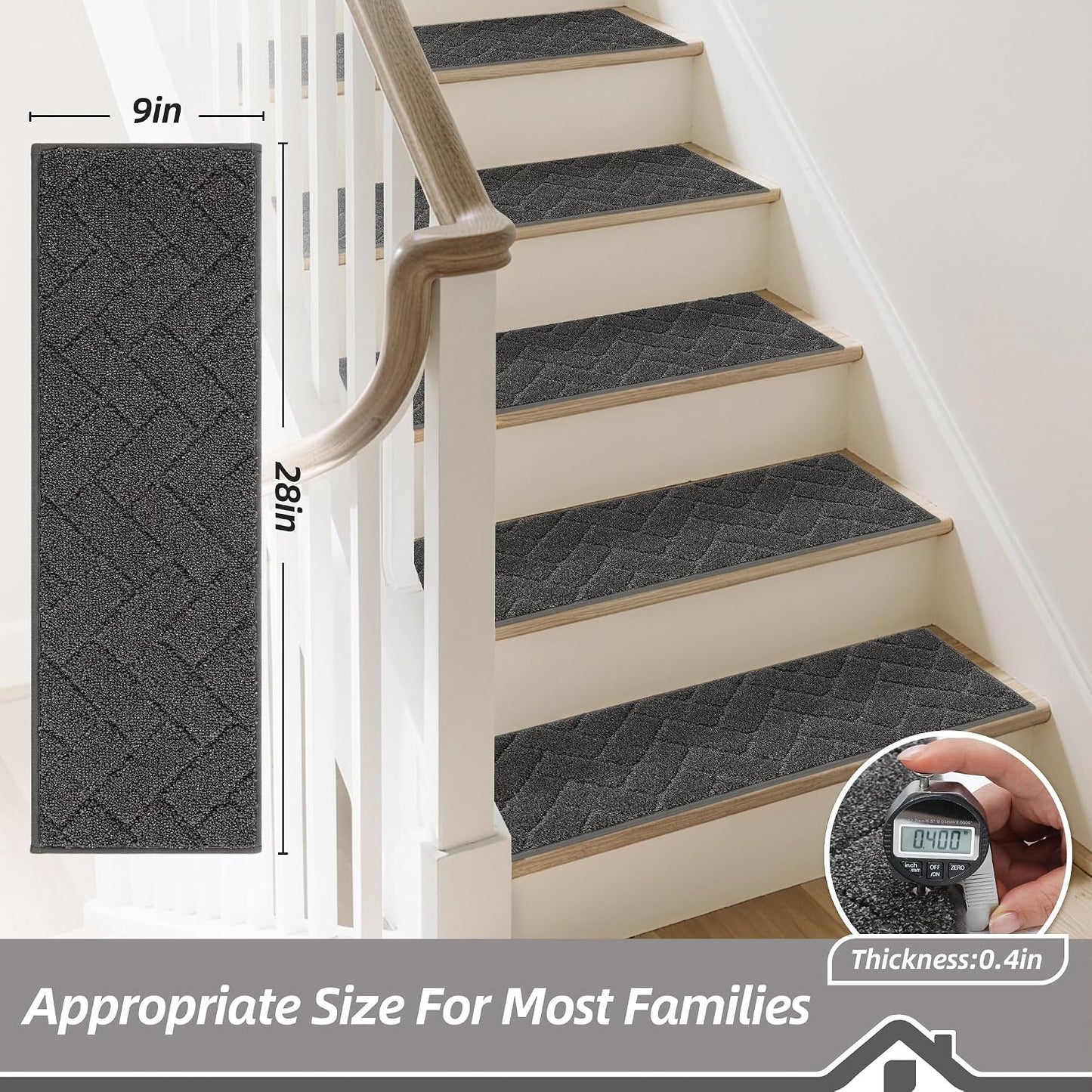 BEQHAUSE Stair Treads for Wooden Steps 28inX9in, Non Slip Carpet Stair Treads Indoor Stair Runners Machine Washable, Soft Stair Rugs Mat Surface Polyester TPE Backing, 4pcs, Charcoal