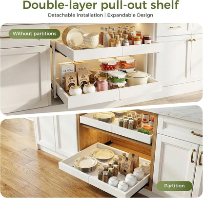 Abalter Expandable Pull Out Cabinet Organizer, 2-Tier Slide Out Drawer for Kitchen Cabinets, Adjustable Width 12–18.5", Slide Out Shelves for Kitchen, Bathroom, Pantry, Heavy Duty Caddy(White)