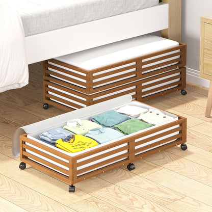 Wisuce 2 Packs Bamboo Under Bed Storage Organizer with Wheels White Small | 360° Lockable Wheels,120lbs Load Capacity, Multi-scene ,Dustproof Clear Storage Bag, Large Capacity,Easy Quick Assembly