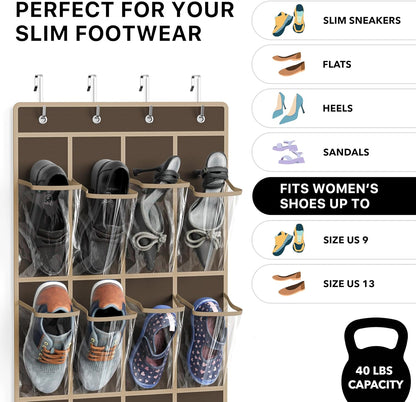Simple Houseware 24 Pockets - Crystal Clear Over The Door Hanging Shoe Organizer, Gray (64'' x 19'')