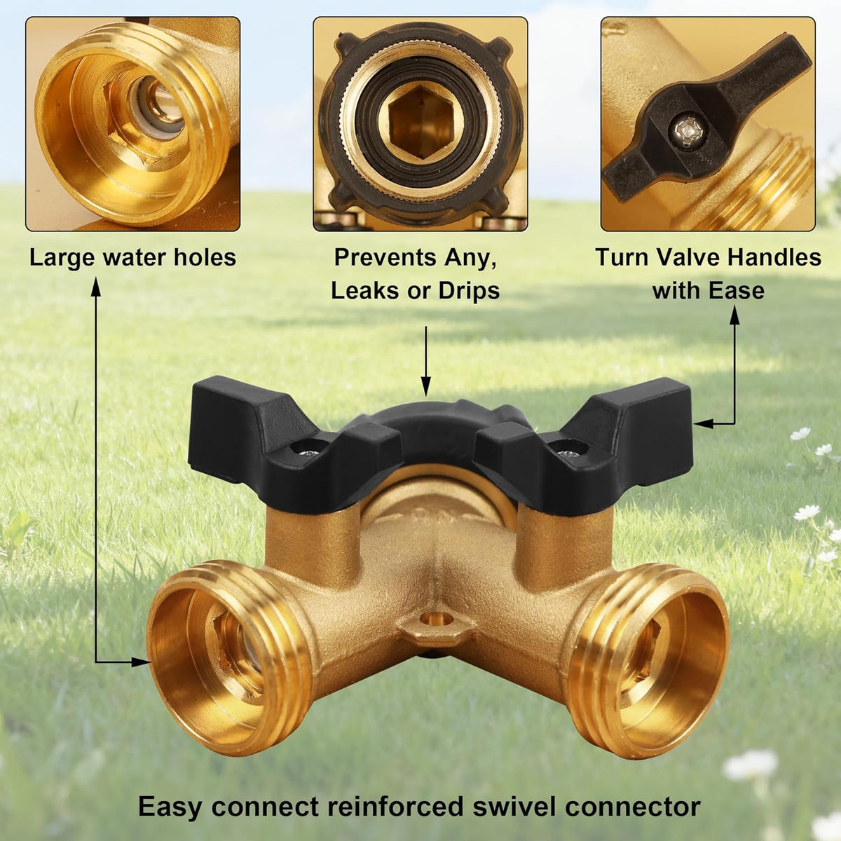 Biswing 2 Pack Garden Hose Splitter 2 Way, Heavy Duty Brass Connector Tap Splitter, Y Splitter 2 Valves with 4 Extra Rubber Washers