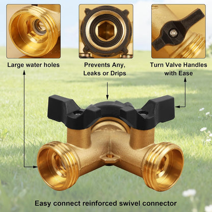 Biswing 2 Pack Garden Hose Splitter 2 Way, Heavy Duty Brass Connector Tap Splitter, Y Splitter 2 Valves with 4 Extra Rubber Washers
