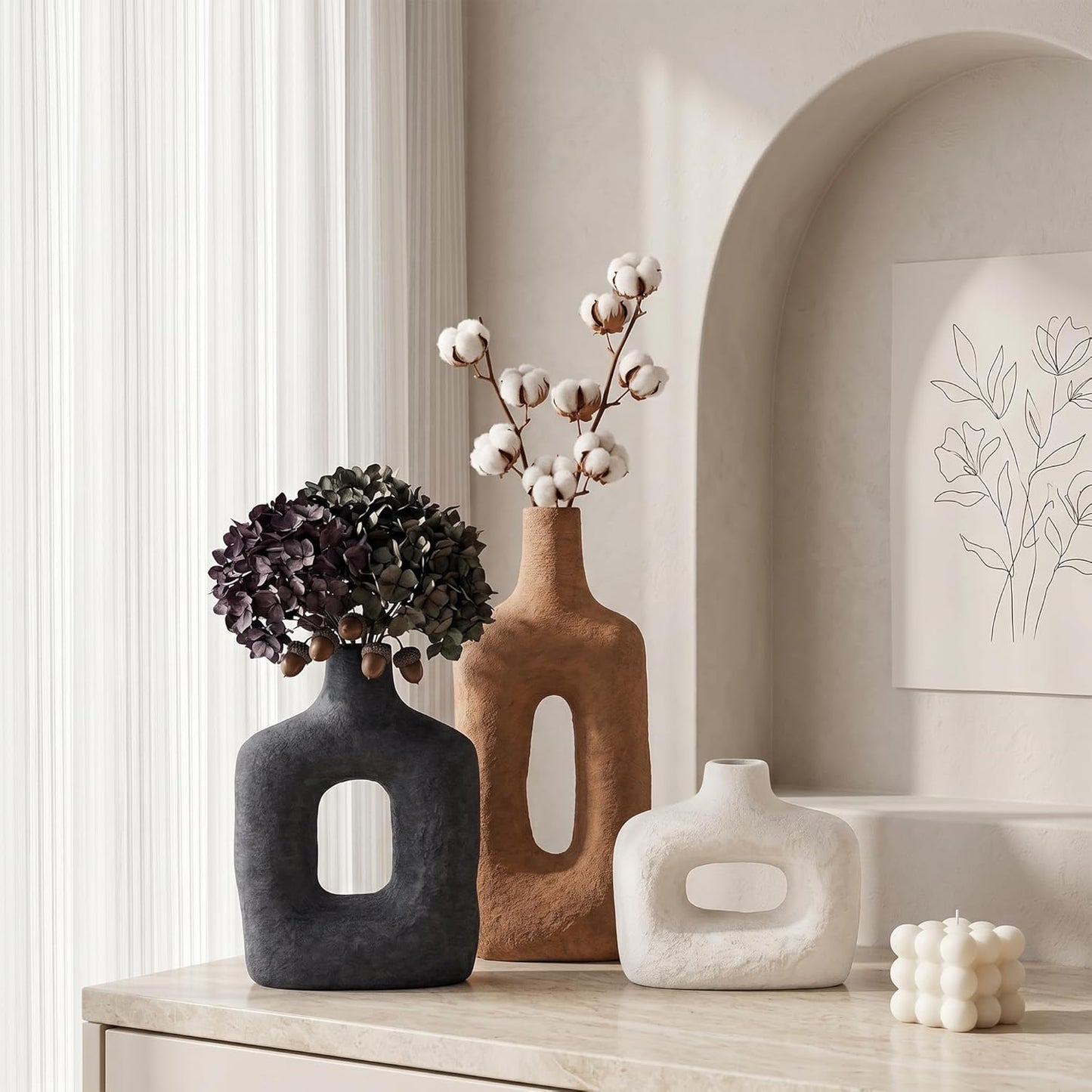 DREAMLOOM Ceramic Vase Set of 3, Modern Rustic Flower Vases for Pampas Grass, Dried & Fresh Flowers, Farmhouse Home Decor Vase for Living Room Bedroom Kitchen Shelf Centerpiece, Classic