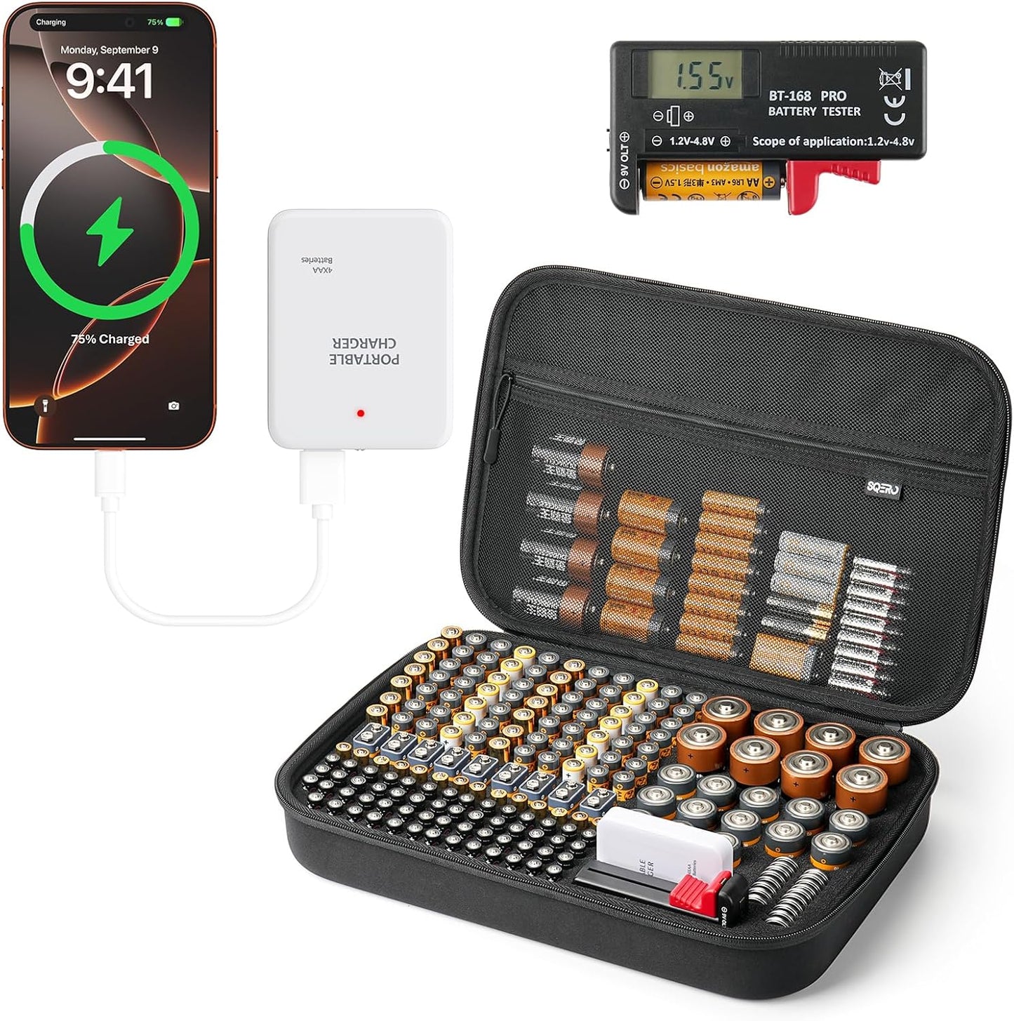 Battery Organizer Storage Case Box with Emergency Power Bank - Convert 4 AA Batteries to Phone Charger with Tester BT-168 PRO for AA AAA C D 9V CR2032 3V, Safe Battery Holder Holds 200+ Batteries