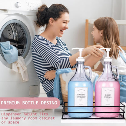 Glass Laundry Detergent Dispenser,1 Gallon Large Liquid Soap 2 Pack(Gold) | Complete borosilicate jars set with leakproof spigots, protective silicone mats, minimalist labels, and dosing cups