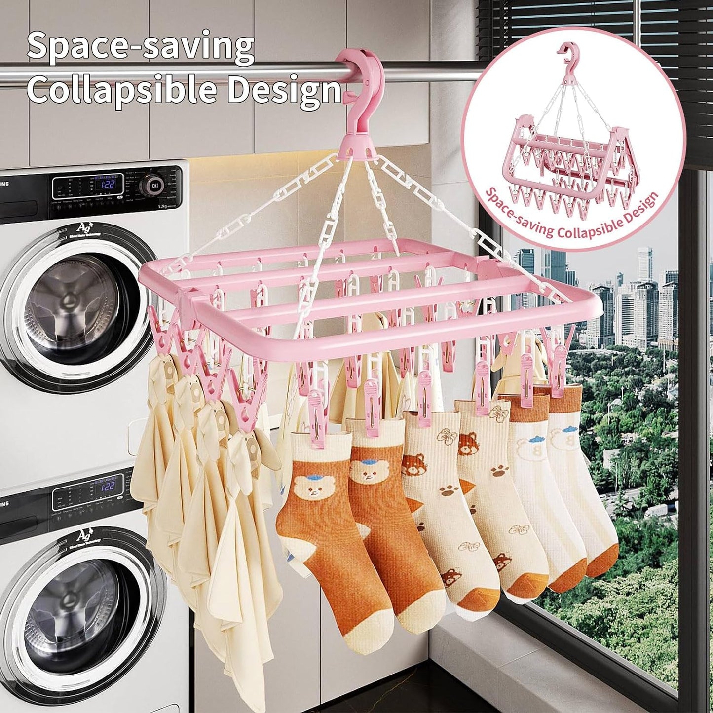 Laundry Drying Rack with 32 Hanger Clips, Foldable Clip Hangers for Drying Socks, Underwear & Towels, Portable Clothes Rack, 360° Rotatable Hook Plastic Baby Hangers (Light Blue)