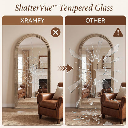 XRAMFY Full Length Mirror 65" x 22", Arched Large Floor Mirror with Solid Wood Frame, Freestanding & Wall Mounted, Antique Brown Finish for Bedroom Living Room