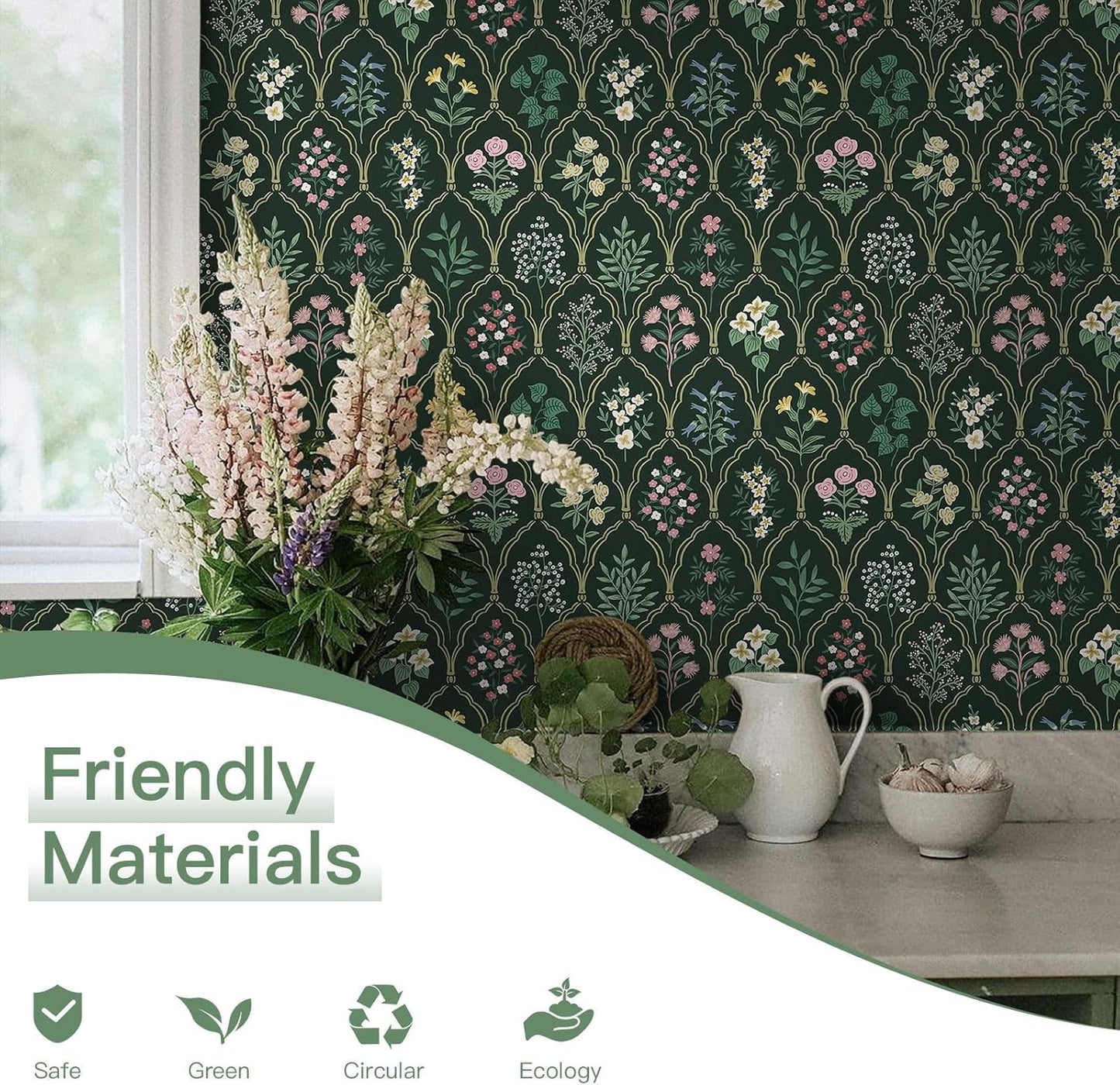 Dimoon 17.3''x78.7'' Vintage Peel and Stick Wallpaper Boho Beige Neutral Contact Paper White Floral Bird Wallpaper Removable Botanical Renter Friendly Modern Wall Paper Bedroom Bathroom Vinyl Roll