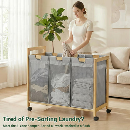 Homykic 250L Laundry Sorter Cart with Wheels, 3-Section Rolling Laundry Basket with Removable Bags, 66 Gal Large Laundry Hamper Organizer, Heavy Duty Bamboo Frame, Water-Resistant, Black