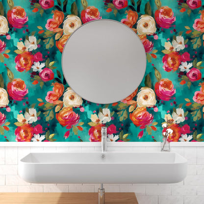 BOKEBEVE Watercolour Floral Peel and Stick Wallpaper Boho Vibrant Contact Paper Renter Friendly Wall Paper for Countertop Cabinet Wall Shelf Liner Removable Blue Colorful 17.5 x 118In