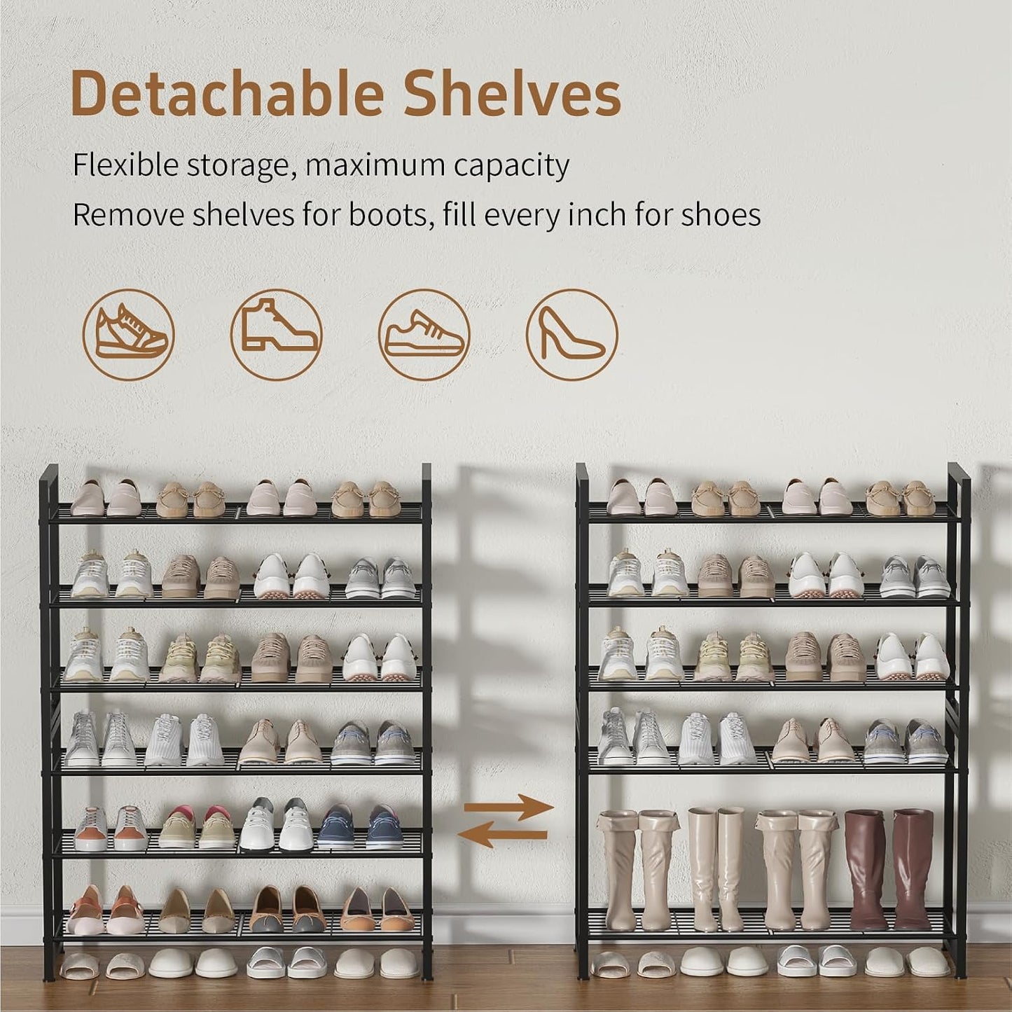 Stackable Shoe Rack, 6 Tier Metal Shoes Rack Storage Organizer,Large Capacity Shoe Shelf Max Holds 30 Pairs of Shoes,Sturdy and Stable, for Closet, Entryway,Garage，Black