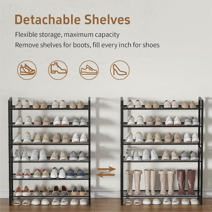 Stackable Shoe Rack, 6 Tier Metal Shoes Rack Storage Organizer,Large Capacity Shoe Shelf Max Holds 30 Pairs of Shoes,Sturdy and Stable, for Closet, Entryway,Garage，Black
