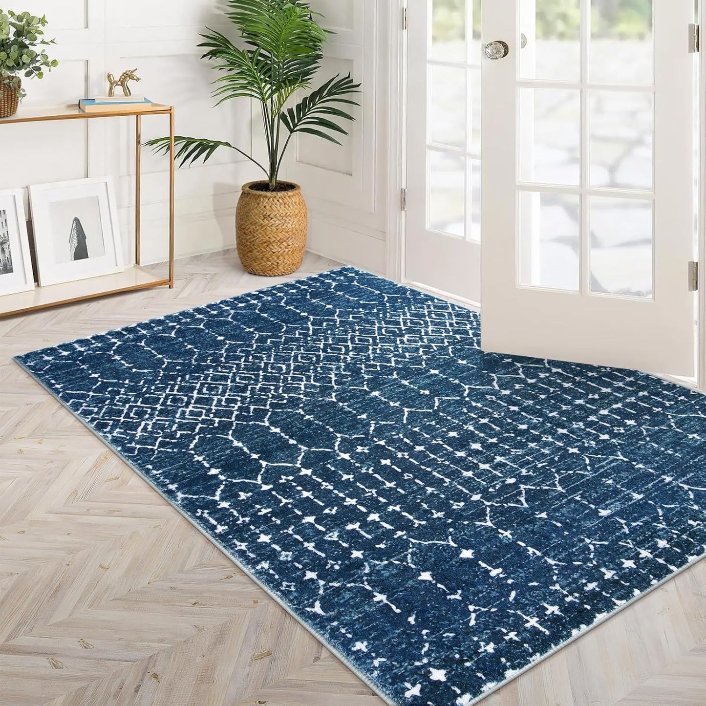 Lahome Moroccan Entry Rug 2x3, Non-Slip Washable Front Indoor Door Mat Rubber Backing Low-Profile Door Rugs, Small Geometric Print Distressed for Entryway Bathroom Kitchen, Black Hana
