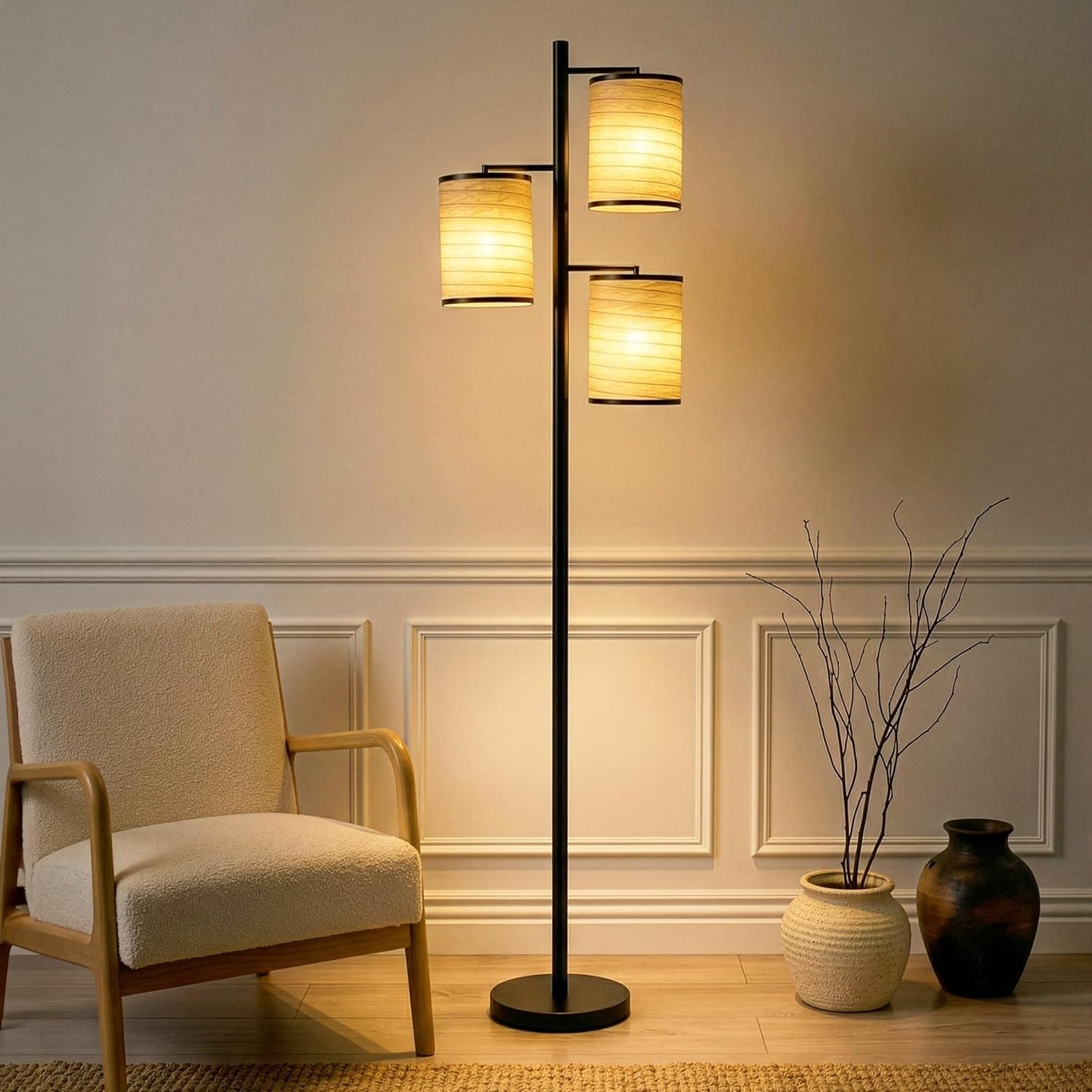 Brightech Liam Tall Tree Lamp with Asian Lantern Shade for Living Rooms and Offices - Standing Lamp with 3 LED Bulbs for Bedroom Reading - Bronze